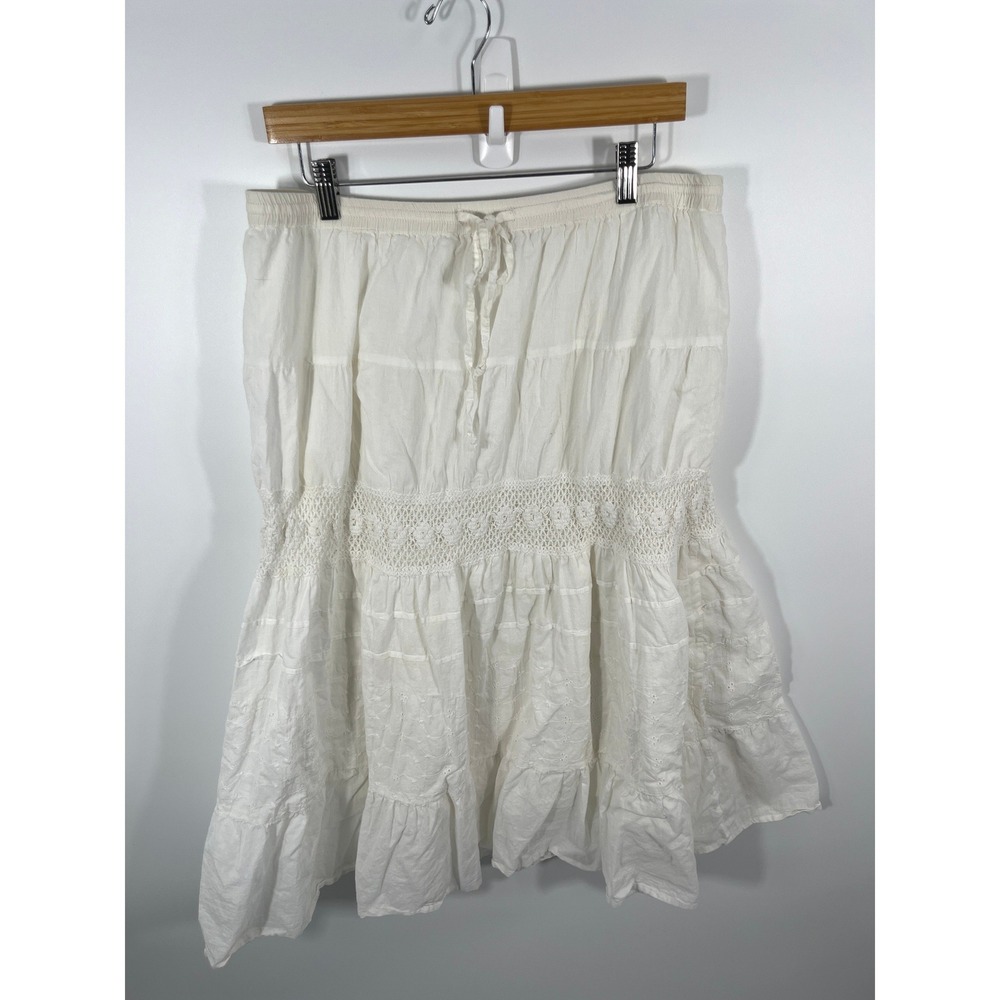 Vintage Womens Midi Skirt PM White Tiered Boho Chic Cottage Western Festival